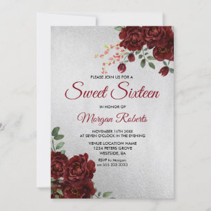 Silver Go Burgund Rote Rose Floral Sweet 16 Einlad Einladung