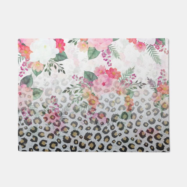 Silver Gold Black Leopard Print Pink Blume Fußmatte (Vorderseite)