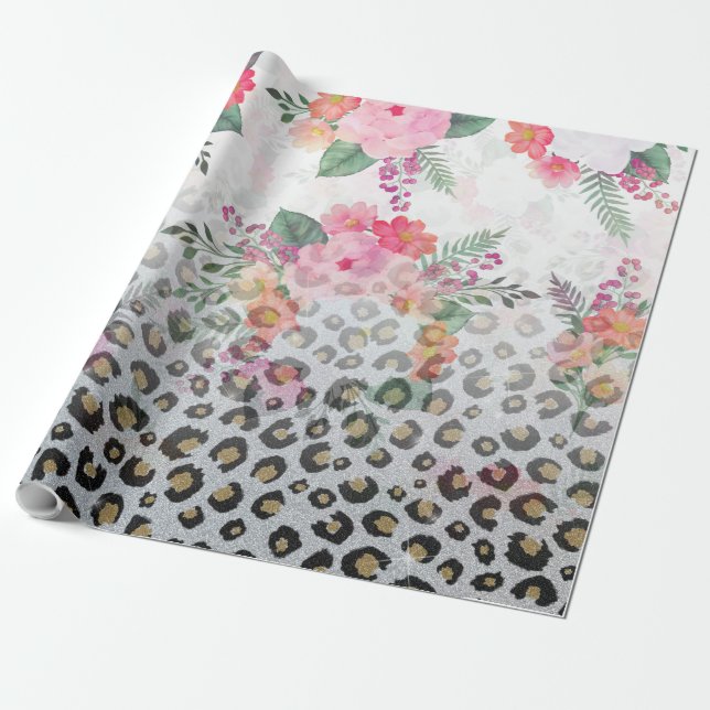 Silver Gold Black Leopard Print Pink Blume Geschenkpapier (Ungerollt)