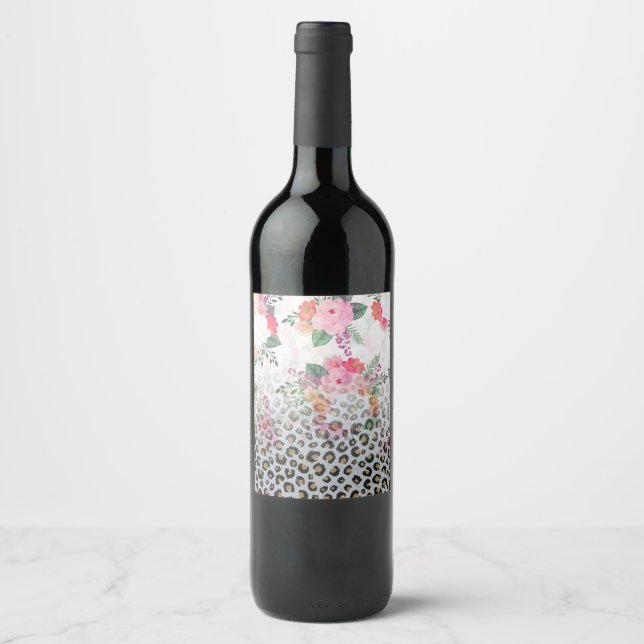 Silver Gold Black Leopard Print Pink Blume Weinetikett (Vorderseite)