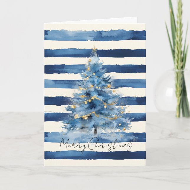 Silver Gold Blue Stripes Christmas Tree   Karte (Vorderseite)