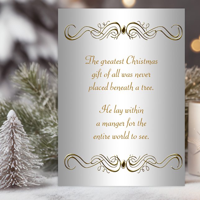 Silver Gold Christliche Weihnachtskarten Feiertagskarte (Christian Christmas card with elegant gold swirls and scriptures. )