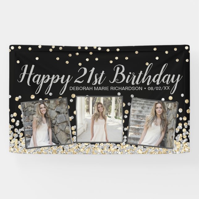 Silver Gold Confetti FotoCollage 21. Geburtstag Banner (Horizontal)