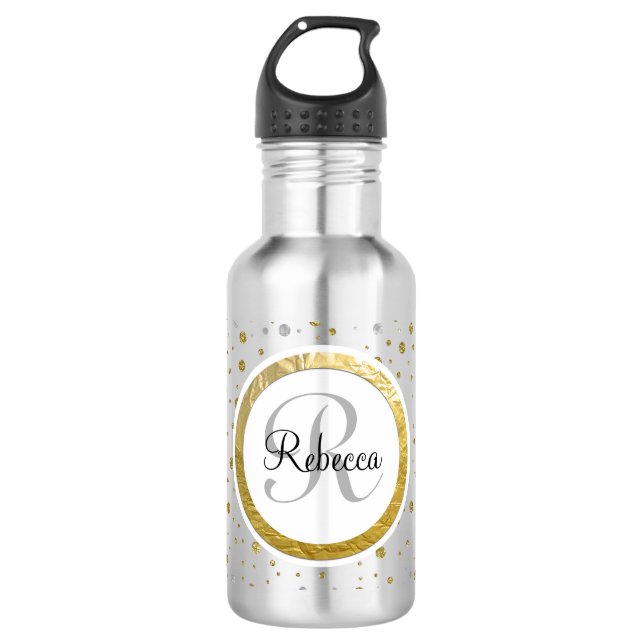 Silver/Gold Confetti Monogramm Trinkflasche (Vorderseite)