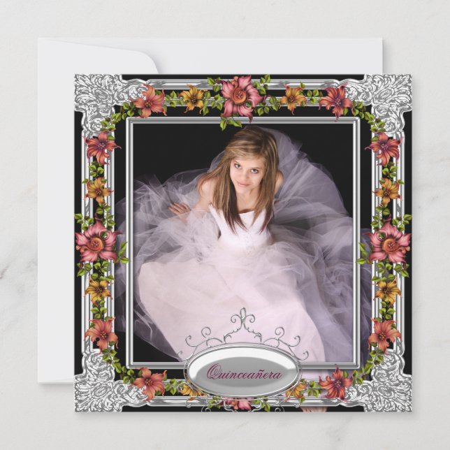 Silver Gold Coral Pink Blume Foto Quinceanera Einladung (Vorderseite)