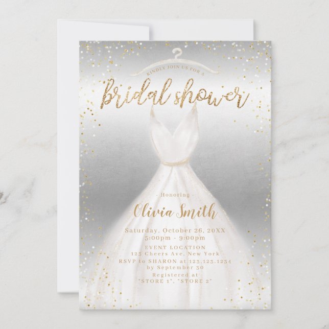 Silver Gold Elegantes Hochzeitskleid Brautparty Einladung (Vorderseite)