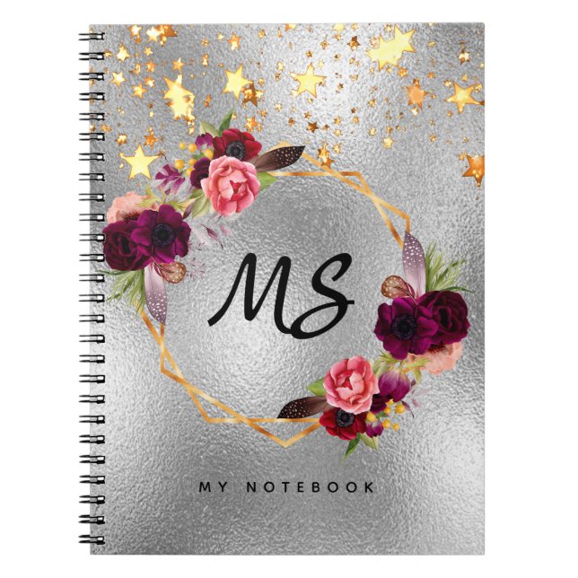 Silver gold floral burgundy stars monogram notizblock (Vorderseite)