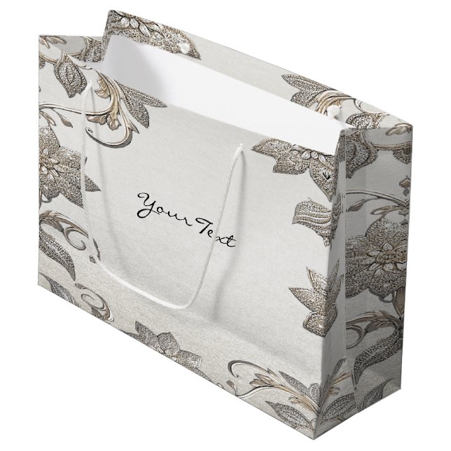 Silver Gold Floral Geschenktasche Große Geschenktüte (Vorderseite Schrägansicht)