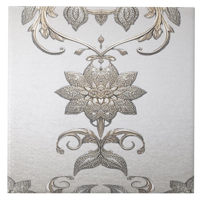 Silver Gold Floral Keramik Tile Fliese (Vorderseite)