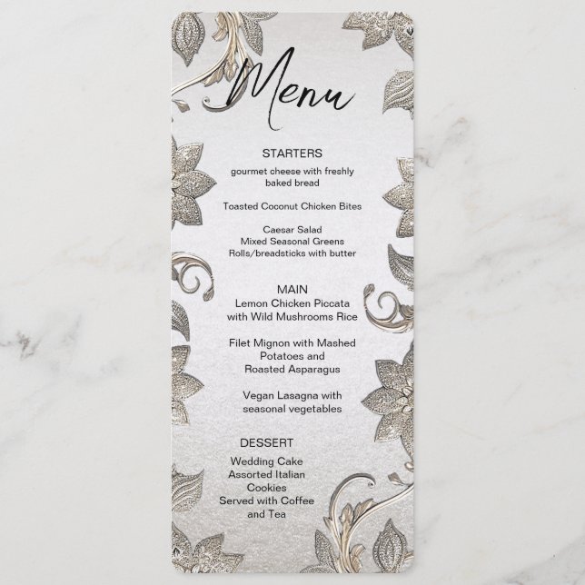 Silver Gold Floral Menu Menükarte (Vorderseite)