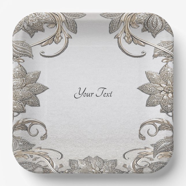 Silver Gold Floral Paper Plate Pappteller (Vorderseite)