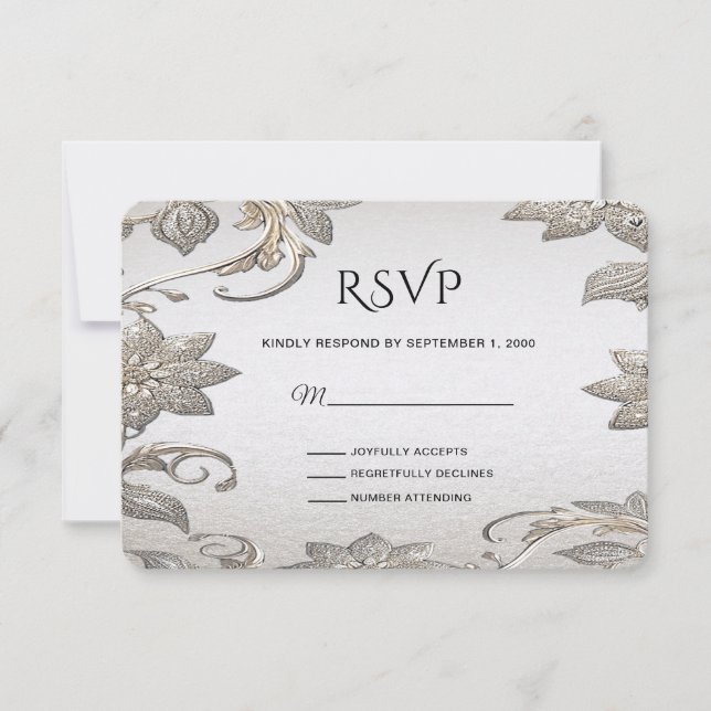 Silver Gold Floral RSVP Card Karte (Vorderseite)