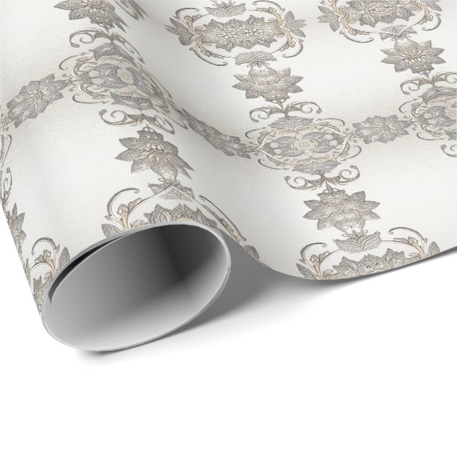 Silver Gold Floral Wrapping Paper Geschenkpapier (Rolleneckpunkt)