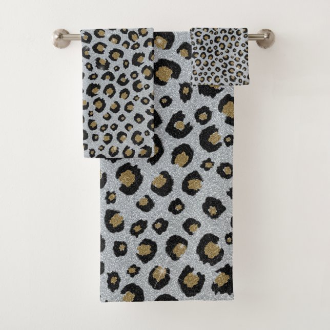 Silver Gold Glitzer Black Leopard Print Badhandtuch Set (Insitu)