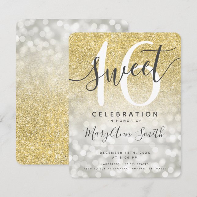 Silver Gold Glitzer Glam Lights Sweet 16. Einladung (Vorne/Hinten)