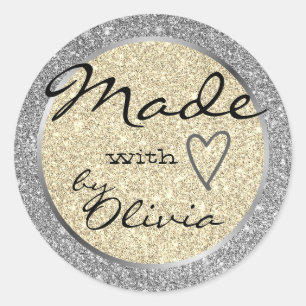 Silver Gold Glitzer Made with Liebe Heart Symbol Runder Aufkleber