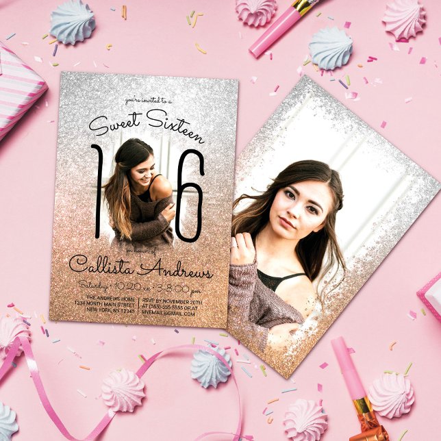 Silver Gold Glitzer Ombre Halo Foto Sweet 16 Einladung (Von Creator hochgeladen)