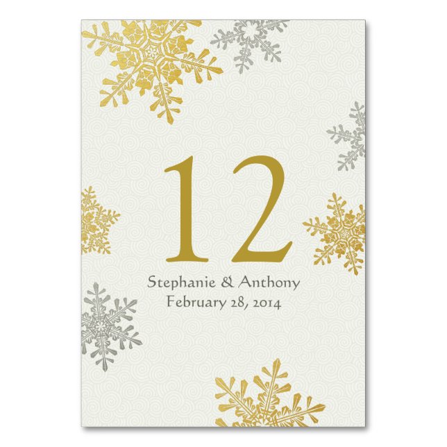 Silver Gold Ivory Snowflakes Winter Wedding Tischnummer (Vorderseite)