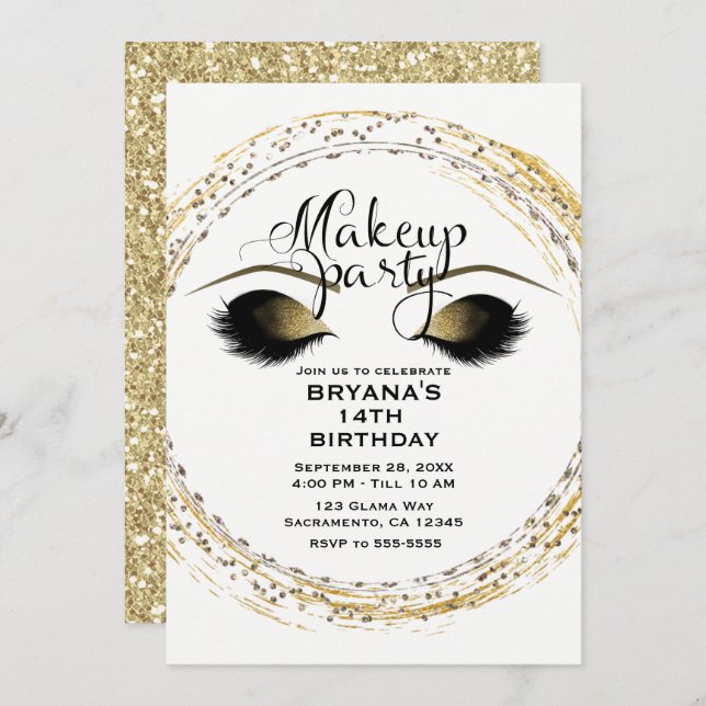 Silver & Gold Makeup Eyelashes Glam Beauty Party Einladung (Vorne/Hinten)