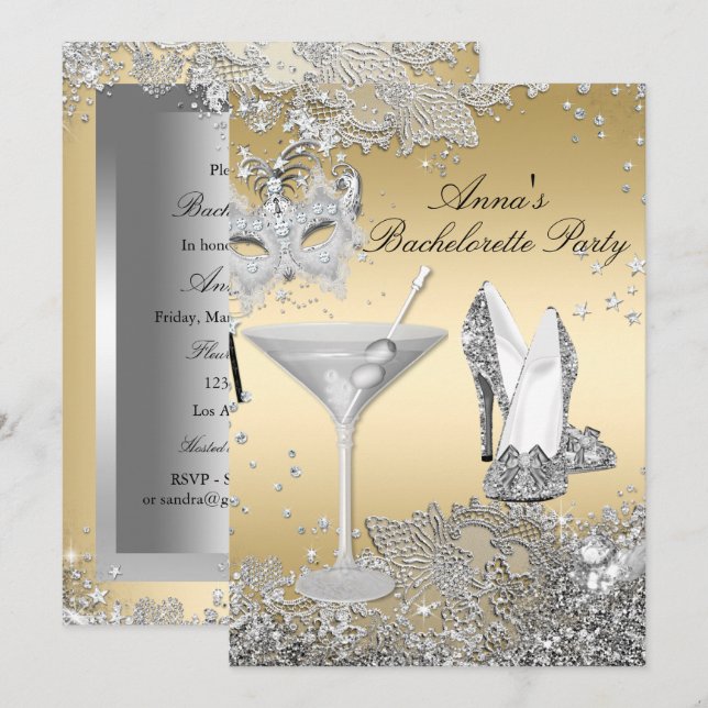 Silver Gold Mask Jewel Lace Junggeselinnen-Abschie Einladung (Vorne/Hinten)