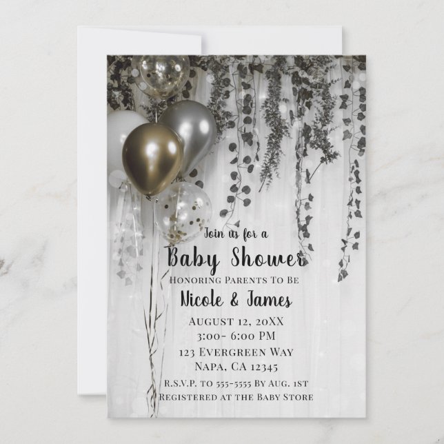 Silver Gold Metallic Balloons Ivy Baby Dusche Einladung (Vorderseite)
