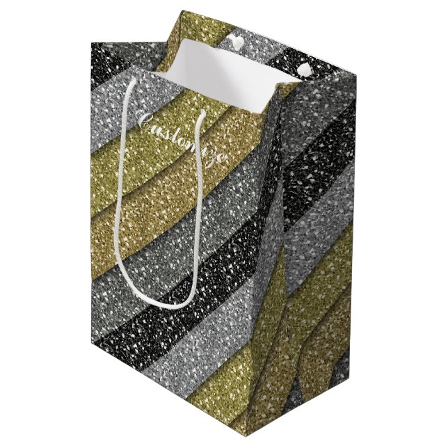 Silver & Gold Metallic Glitzer Gift Bag Mittlere Geschenktüte (Vorderseite Schrägansicht)
