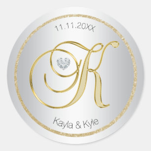 Silver Gold Monogram 'K' Wedding Umschlag Aufklebe Runder Aufkleber