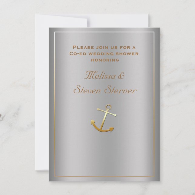 Silver Gold Nautical Anchor Dusche Einladung (Vorderseite)