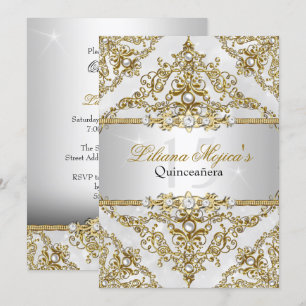 Silver & Gold Pearl Damask Quinceanera Einladung