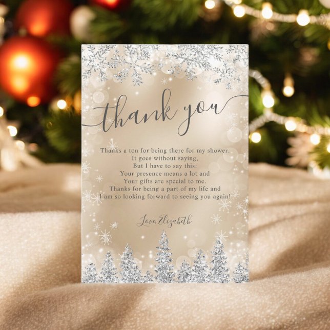 Silver Gold Silver Silver Silver Pine Winter Braut Dankeskarte (Silver gold foil snow pine winter bridal shower thank you card)