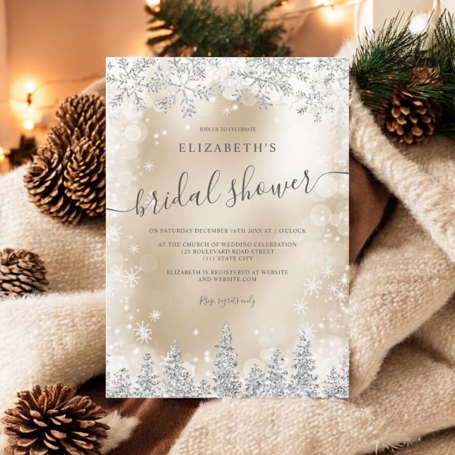 Silver Gold Silver Silver Silver Pine Winter Braut Einladung (Silver gold foil snow pine winter bridal shower invitation)