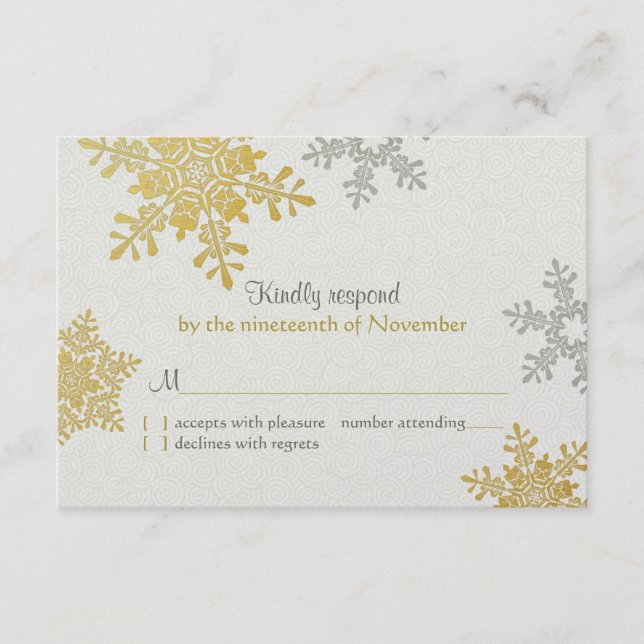 Silver Gold Snowflake Winter Wedding Repair Card RSVP Karte (Vorderseite)