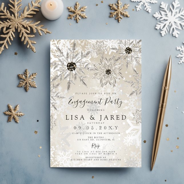 Silver Gold Snowflakes Winter Engagement Party Einladung (Silver Gold Snowflakes Winter Engagement Party Invitation)