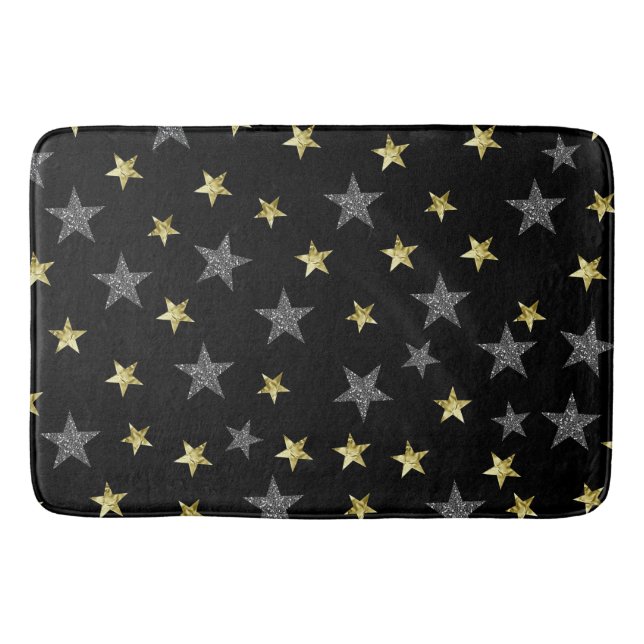Silver & Gold Stars Black Hollywood Star Glam Badematte (Vorderseite)