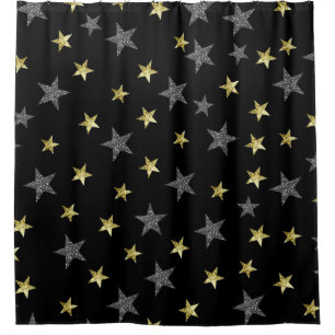 Silver & Gold Stars Black Hollywood Star Glam Duschvorhang