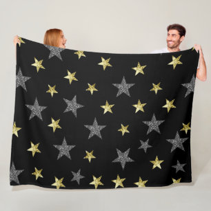 Silver & Gold Stars Black Hollywood Star Glam Fleecedecke