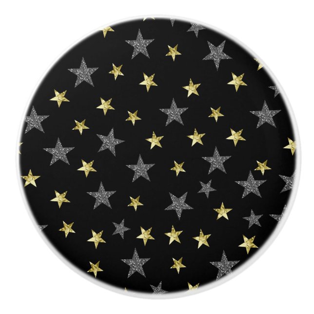 Silver & Gold Stars Black Hollywood Star Glam Keramikknauf (Vorderseite)