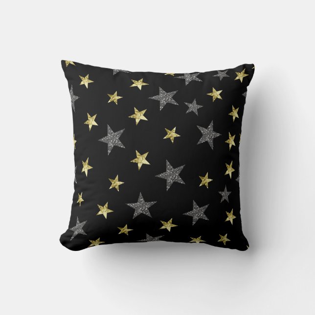 Silver & Gold Stars Black Hollywood Star Glam Kissen (Vorderseite)