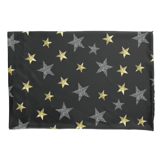 Silver & Gold Stars Black Hollywood Star Glam Kissenbezug (Vorderseite)
