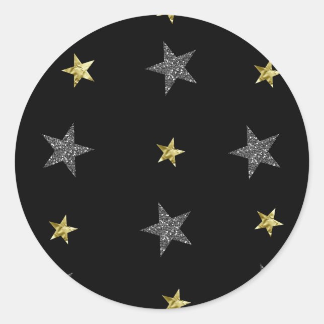 Silver & Gold Stars Black Hollywood Star Party Runder Aufkleber (Vorderseite)