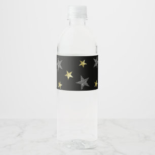 Silver & Gold Stars Black Hollywood Star Party Wasserflaschenetikett