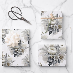 Silver & Gold Tone Christmas Florals Geschenkpapier Set