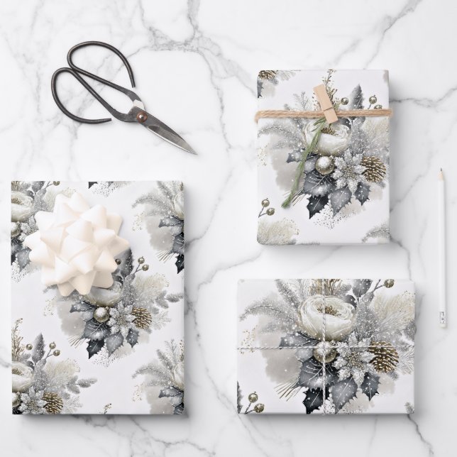 Silver & Gold Tone Christmas Florals Geschenkpapier Set (Vorderseite)