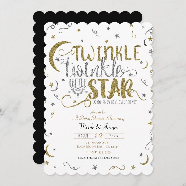 Silver & Gold Twinkle Little Star Baby Dusche Einladung (Vorne/Hinten)