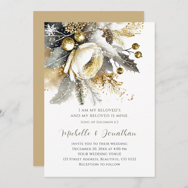 Silver Gold Weihnachts Winter Bible Verse Hochzeit Einladung (Vorne/Hinten)