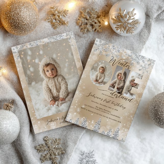 Silver Gold Winter ONEderland Photo First Birthday Einladung (Silver Gold Winter ONEderland Photo First Birthday Invitation)