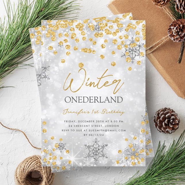 Silver Gold Winter ONEDERLAND Sparkle 1. Geburtsta Einladung (Silver Gold Winter ONEDERLAND Sparkle 1st Birthday Invitation)