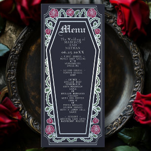 Silver Gothic Coffin Rose Blue Wedding Menu Menükarte