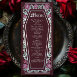 Silver Gothic Coffin Rose Red Wedding Menu Menükarte<br><div class="desc">Fügen Sie Ihrem Fest eine Touch gotischer Eleganz hinzu, mit diesen Hochzeitsmenüs, die einen särtchenförmigen Rahmen mit Dornen, Rose und silbernen Akzenten vor einem reichen roten Hintergrund aufweisen. Ideal für ein romantisches Abendessen! Personalisieren Sie Text, Schriftart und Hintergrundfarbe, um Ihre Designeinstellungen Anzug zu erhalten. Matching Items in unserem Shop für...</div>