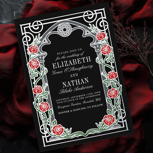Silver Gothic Roses Cathedral Frame Wedding  Folieneinladung (Von Creator hochgeladen)